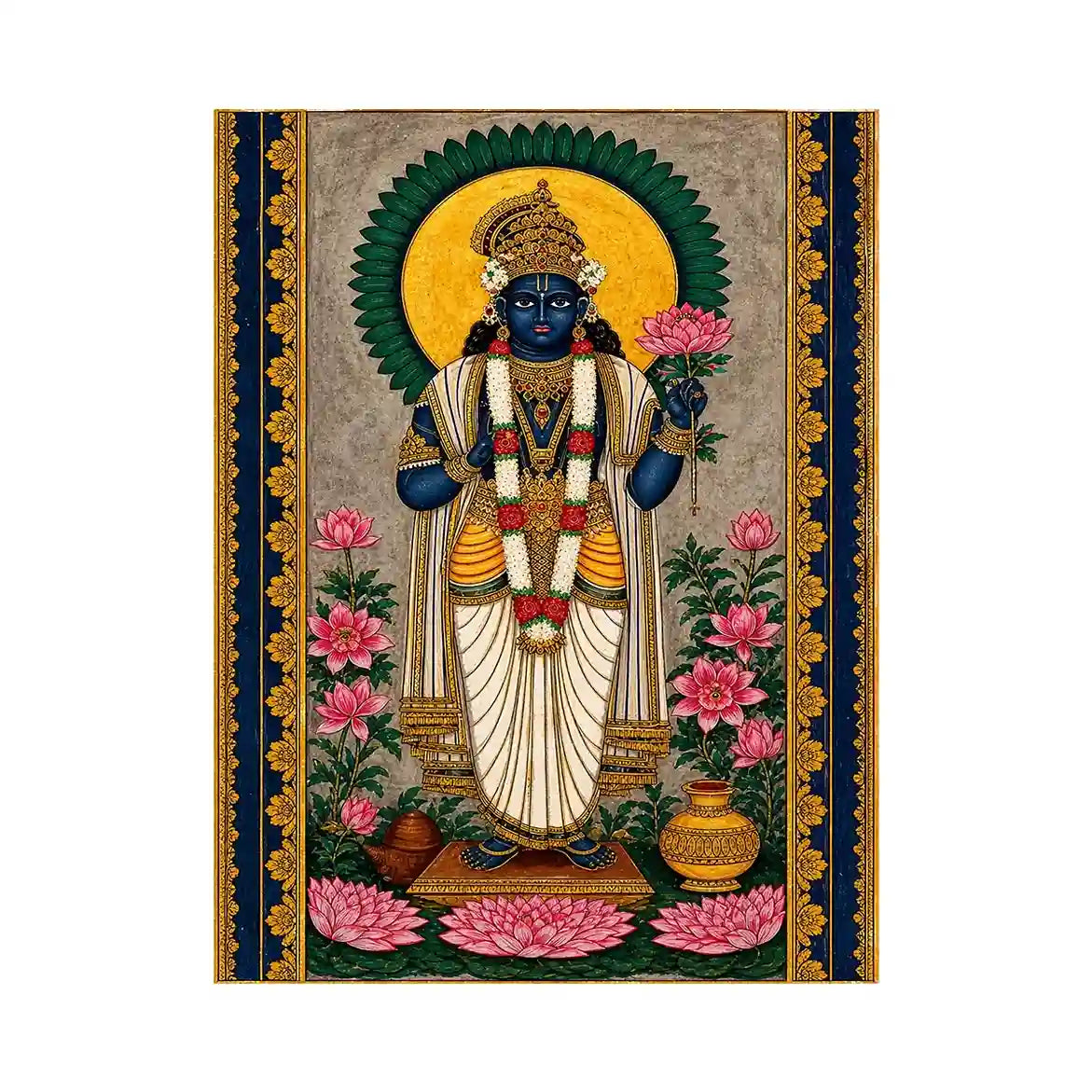 Hindu lotus deity wall art with floral details and gold accents in blue and pink tones for spiritual home decor