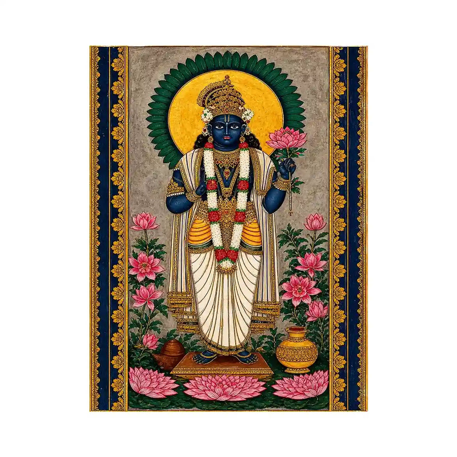 Hindu lotus deity wall art with floral details and gold accents in blue and pink tones for spiritual home decor