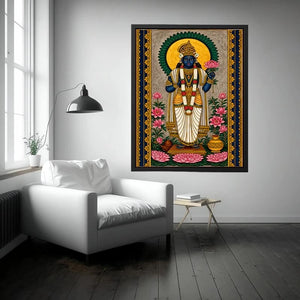 Hindu lotus deity wall art with floral details and gold accents in blue and pink tones for spiritual home decor