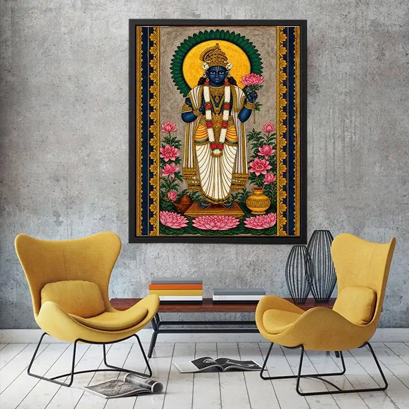 Hindu lotus deity wall art with floral details and gold accents in blue and pink tones for spiritual home decor