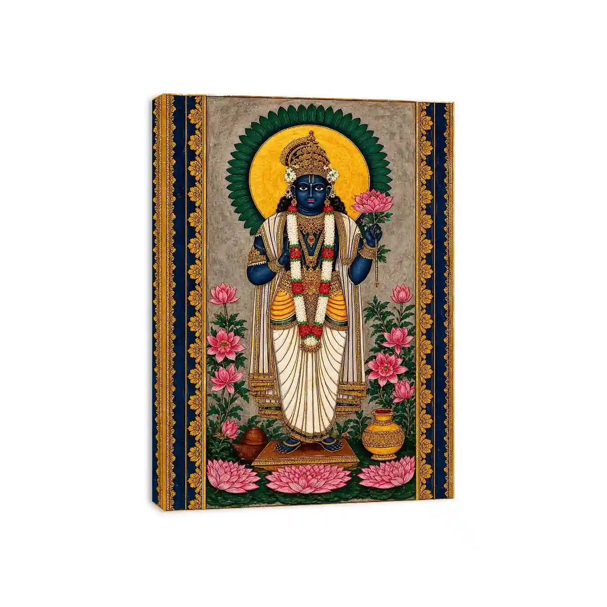 Hindu lotus deity wall art with floral details and gold accents in blue and pink tones for spiritual home decor