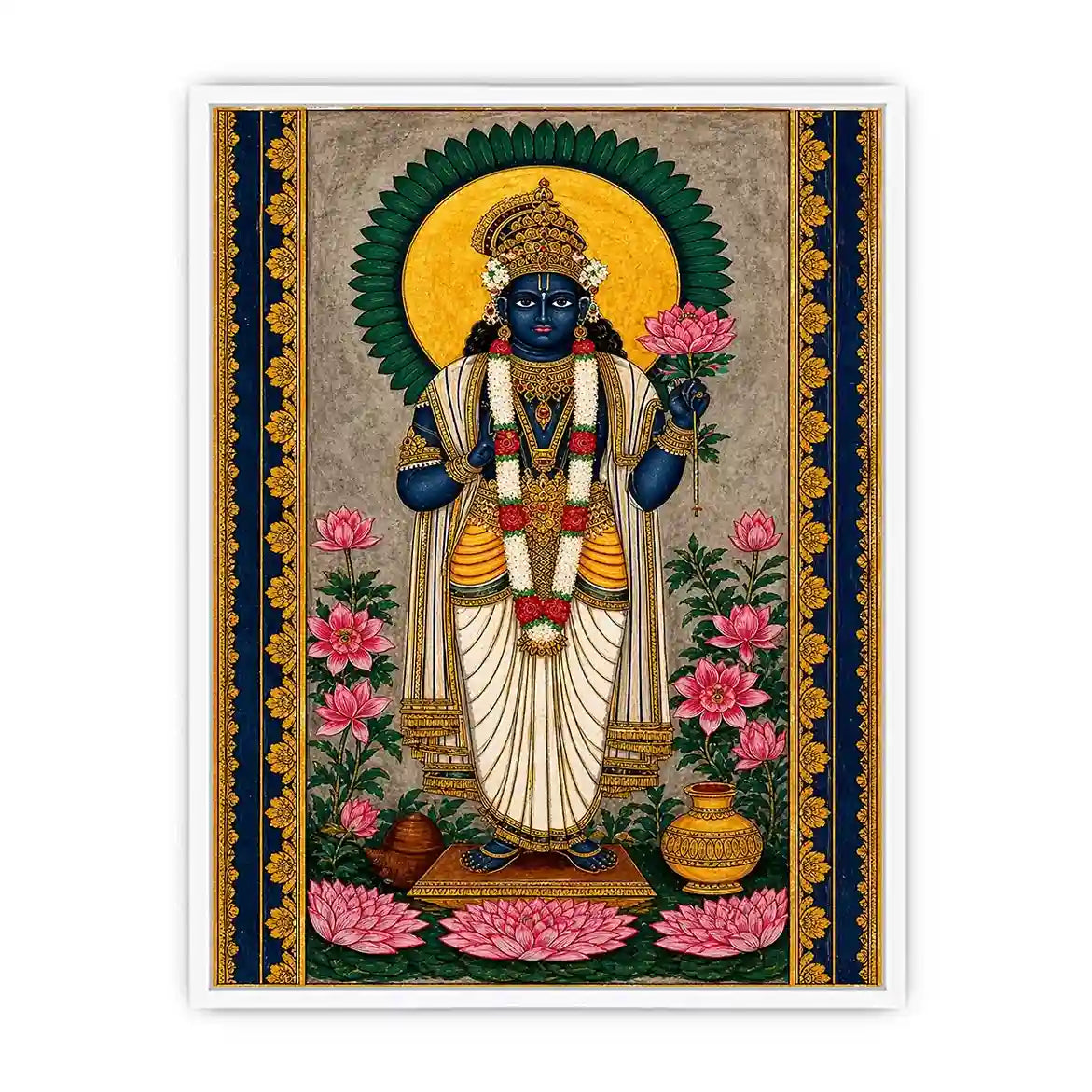 Hindu lotus deity wall art with floral details and gold accents in blue and pink tones for spiritual home decor