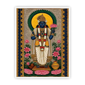 Hindu lotus deity wall art with floral details and gold accents in blue and pink tones for spiritual home decor