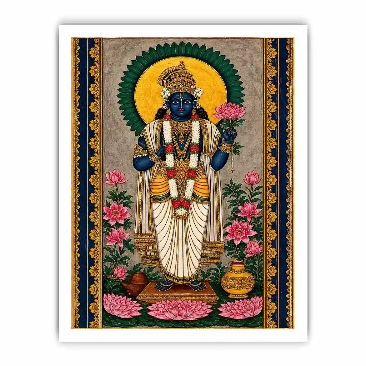 Hindu lotus deity wall art with floral details and gold accents in blue and pink tones for spiritual home decor