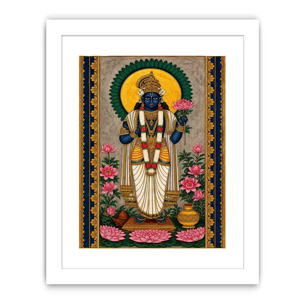 Hindu lotus deity wall art with floral details and gold accents in blue and pink tones for spiritual home decor