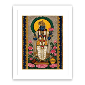 Hindu lotus deity wall art with floral details and gold accents in blue and pink tones for spiritual home decor