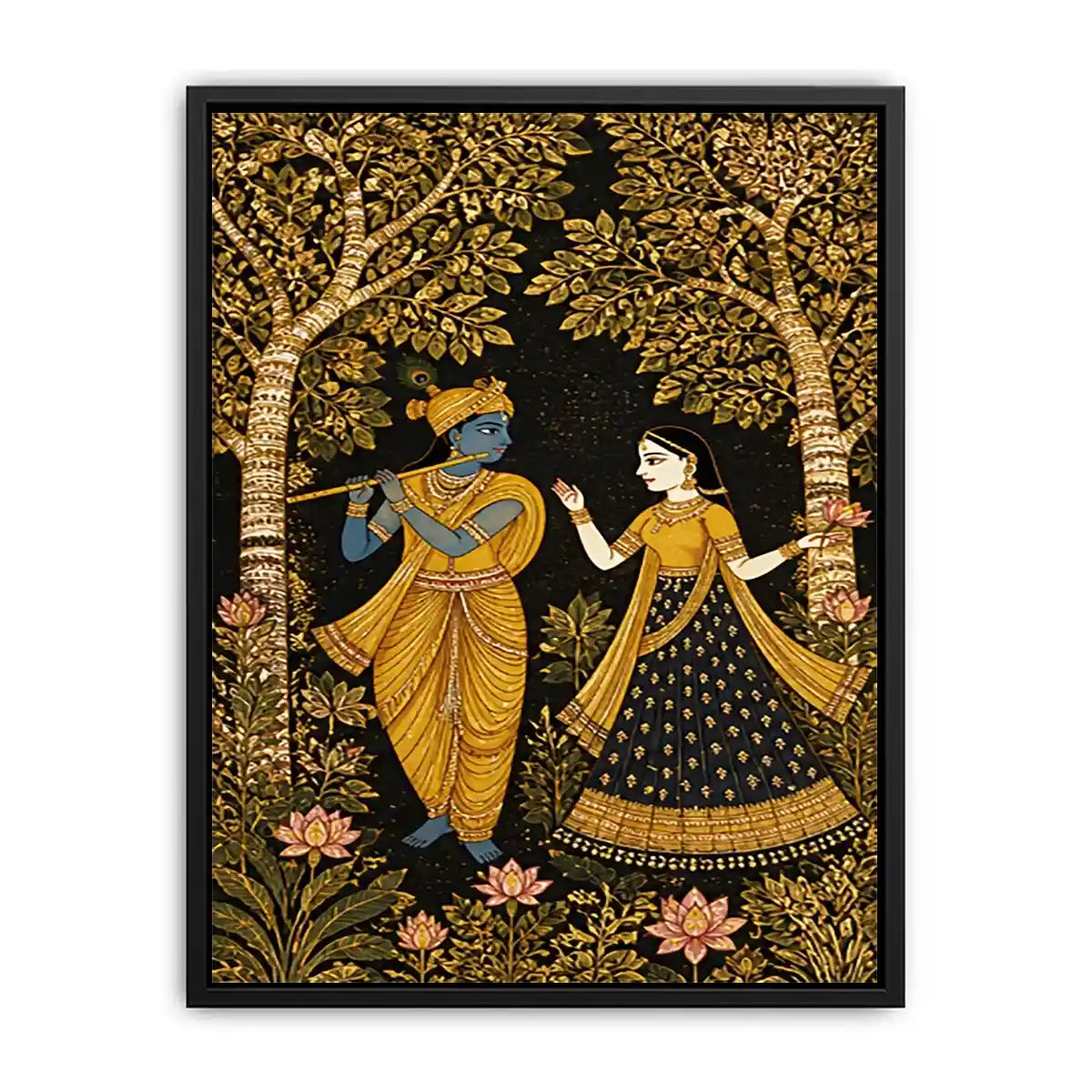 Krishna Radha gold wall art with floral trees in black and gold tones for luxury spiritual home decor