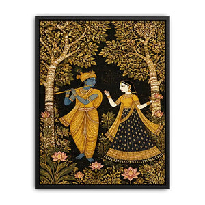 Krishna Radha gold wall art with floral trees in black and gold tones for luxury spiritual home decor