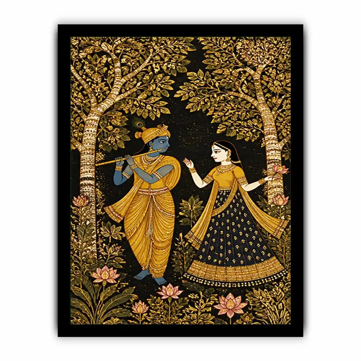 Krishna Radha gold wall art with floral trees in black and gold tones for luxury spiritual home decor