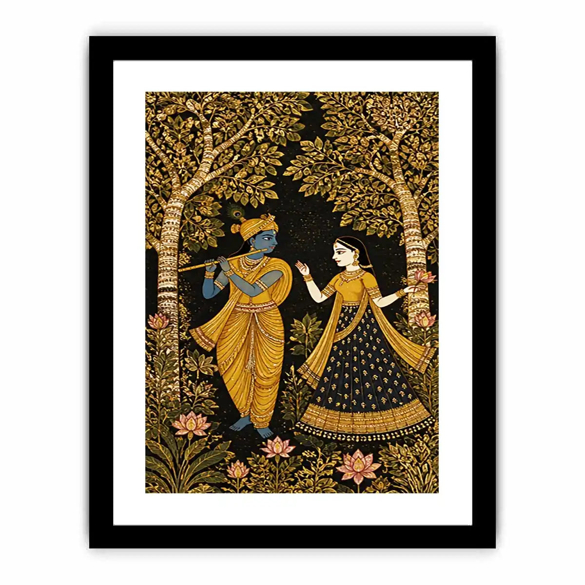 Krishna Radha gold wall art with floral trees in black and gold tones for luxury spiritual home decor