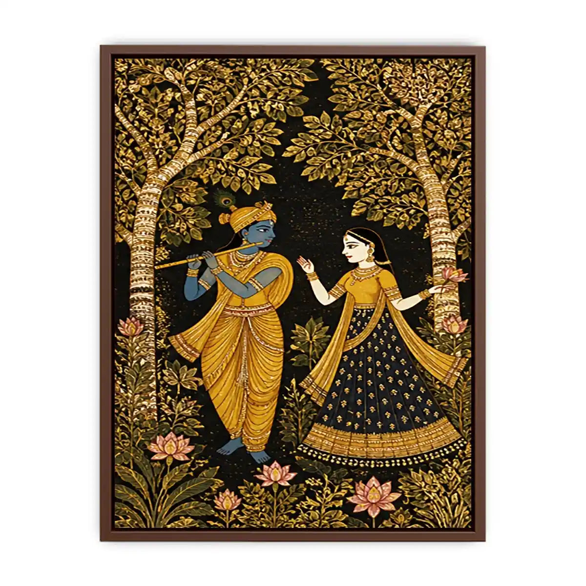 Krishna Radha gold wall art with floral trees in black and gold tones for luxury spiritual home decor
