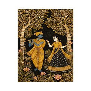 Krishna Radha gold wall art with floral trees in black and gold tones for luxury spiritual home decor
