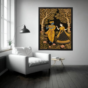 Krishna Radha gold wall art with floral trees in black and gold tones for luxury spiritual home decor