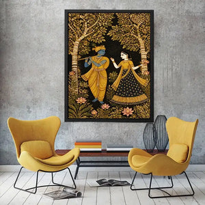 Krishna Radha gold wall art with floral trees in black and gold tones for luxury spiritual home decor