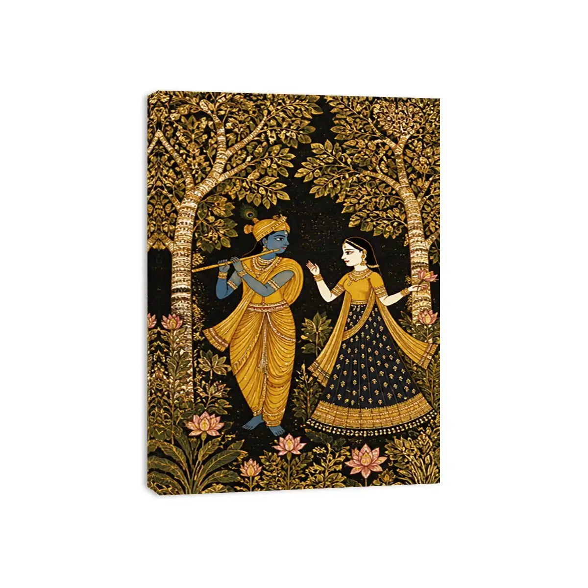 Krishna Radha gold wall art with floral trees in black and gold tones for luxury spiritual home decor
