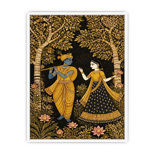 Krishna Radha gold wall art with floral trees in black and gold tones for luxury spiritual home decor