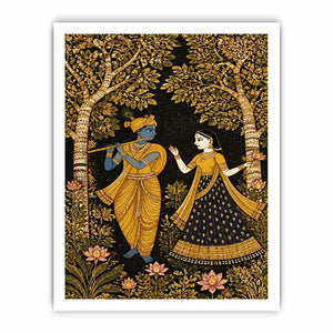 Krishna Radha gold wall art with floral trees in black and gold tones for luxury spiritual home decor