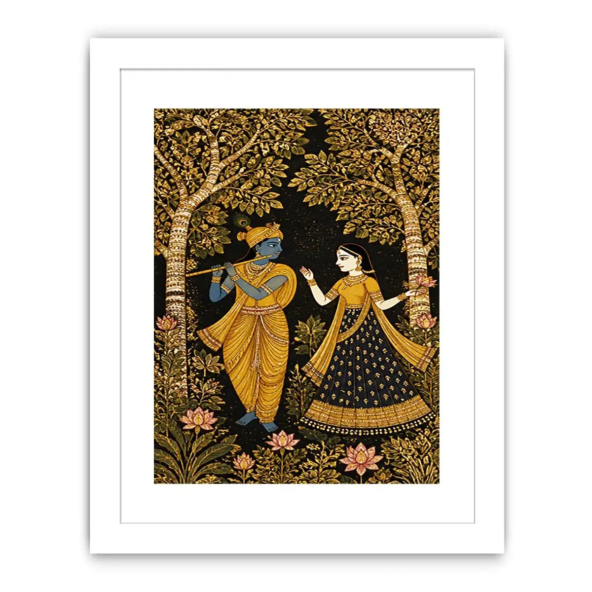 Krishna Radha gold wall art with floral trees in black and gold tones for luxury spiritual home decor
