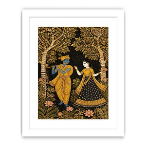 Krishna Radha gold wall art with floral trees in black and gold tones for luxury spiritual home decor