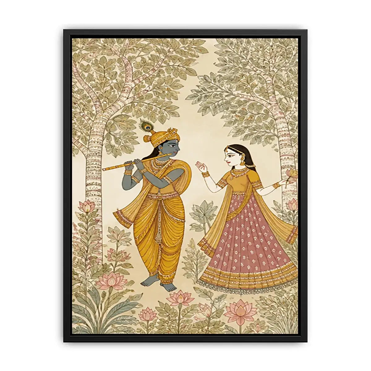 Krishna Radha forest wall art traditional Indian painting canvas serene spiritual decor beige green luxury illustration
