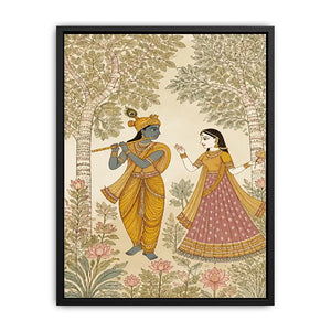 Krishna Radha forest wall art traditional Indian painting canvas serene spiritual decor beige green luxury illustration