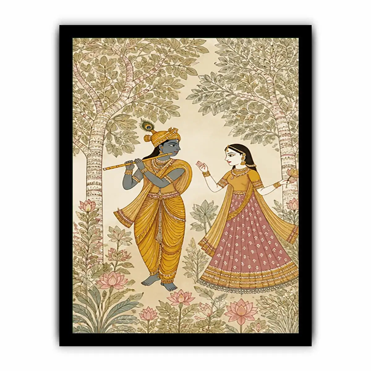 Krishna Radha forest wall art traditional Indian painting canvas serene spiritual decor beige green luxury illustration