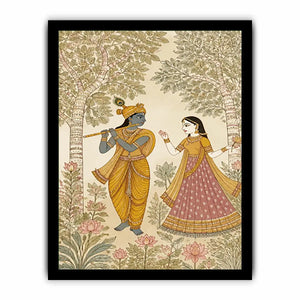 Krishna Radha forest wall art traditional Indian painting canvas serene spiritual decor beige green luxury illustration