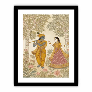Krishna Radha forest wall art traditional Indian painting canvas serene spiritual decor beige green luxury illustration