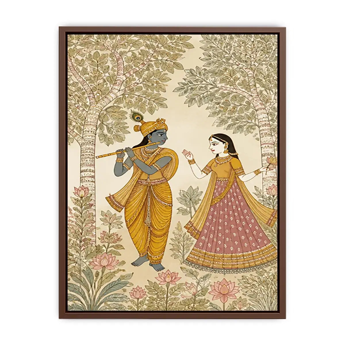 Krishna Radha forest wall art traditional Indian painting canvas serene spiritual decor beige green luxury illustration