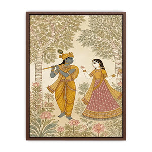 Krishna Radha forest wall art traditional Indian painting canvas serene spiritual decor beige green luxury illustration