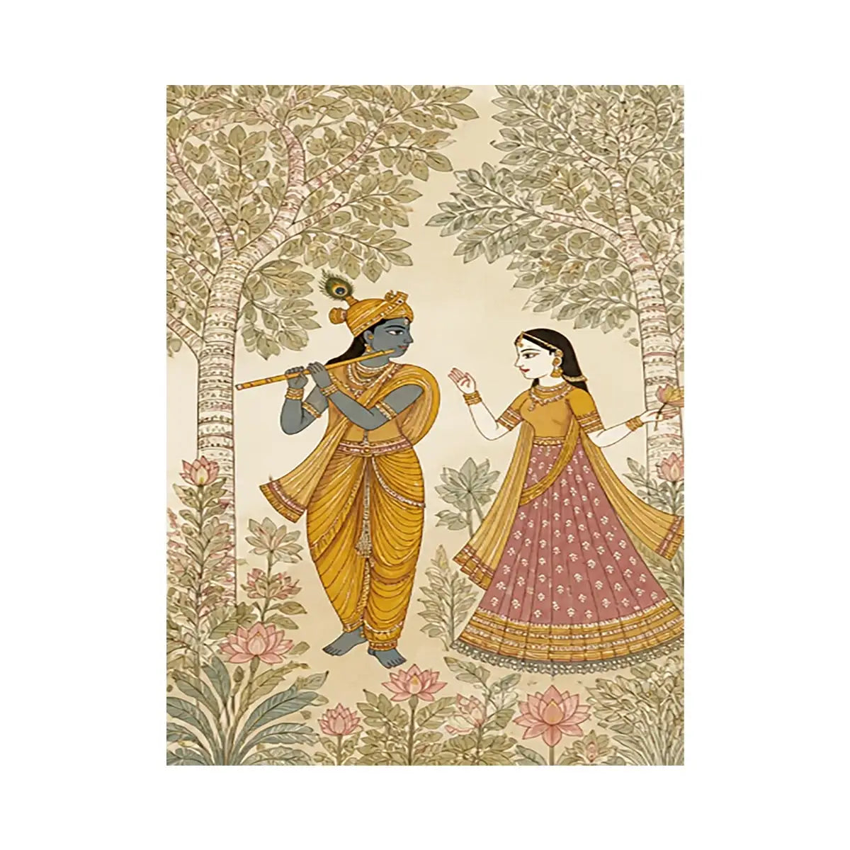 Krishna Radha forest wall art traditional Indian painting canvas serene spiritual decor beige green luxury illustration