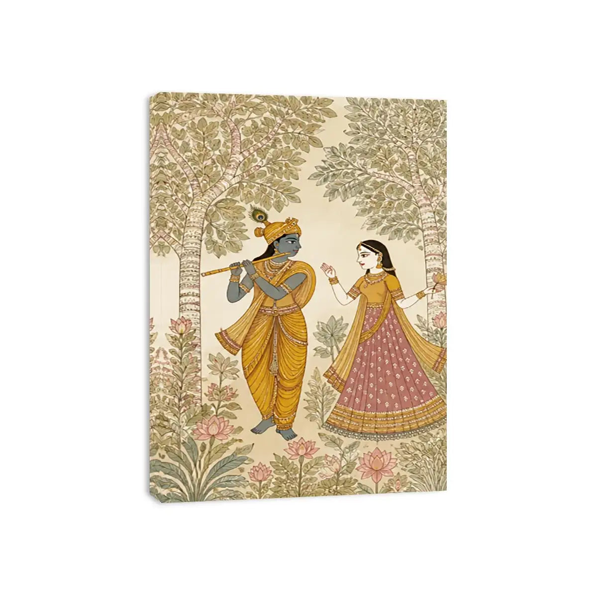 Krishna Radha forest wall art traditional Indian painting canvas serene spiritual decor beige green luxury illustration
