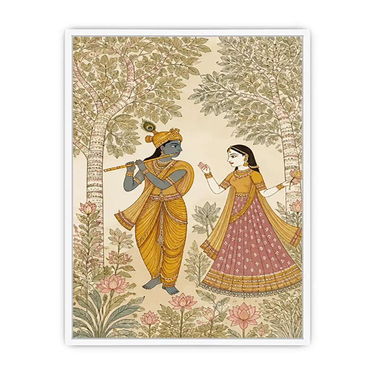 Krishna Radha forest wall art traditional Indian painting canvas serene spiritual decor beige green luxury illustration
