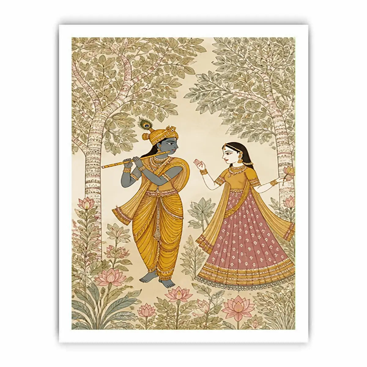 Krishna Radha forest wall art traditional Indian painting canvas serene spiritual decor beige green luxury illustration