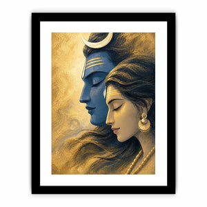 Shiva Parvati wall art canvas gold blue spiritual painting divine couple luxury Indian decor serene artwork