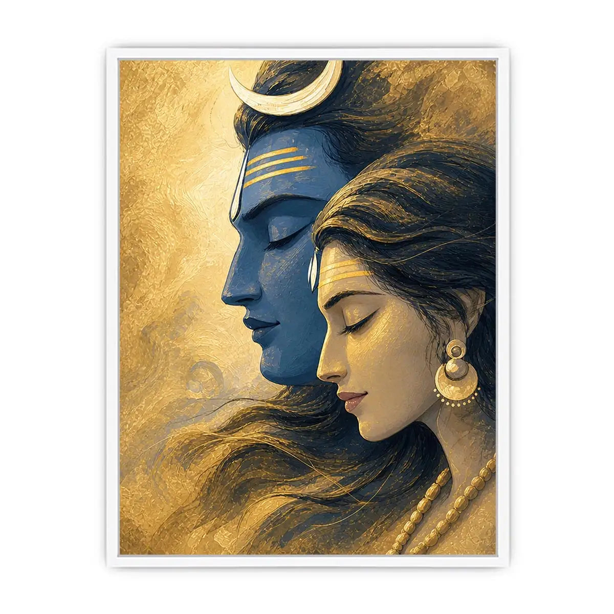Shiva Parvati wall art canvas gold blue spiritual painting divine couple luxury Indian decor serene artwork