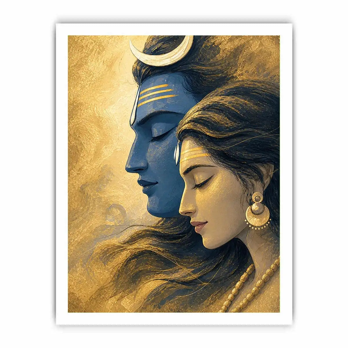 Shiva Parvati wall art canvas gold blue spiritual painting divine couple luxury Indian decor serene artwork
