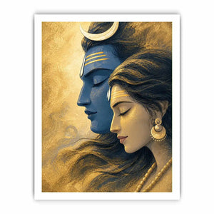 Shiva Parvati wall art canvas gold blue spiritual painting divine couple luxury Indian decor serene artwork