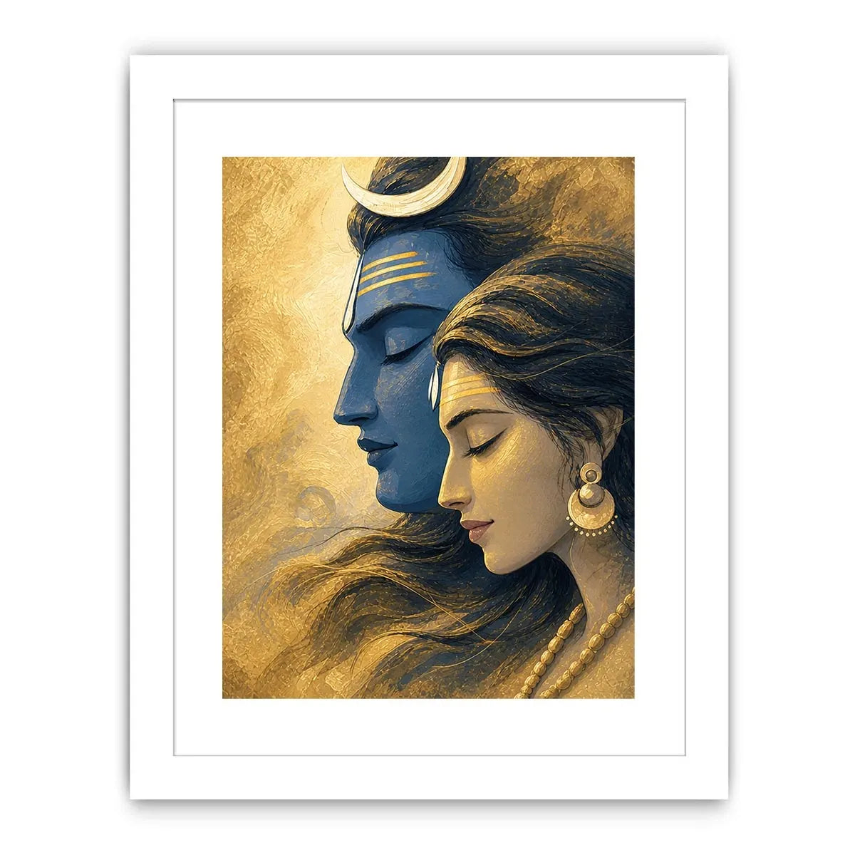 Shiva Parvati wall art canvas gold blue spiritual painting divine couple luxury Indian decor serene artwork