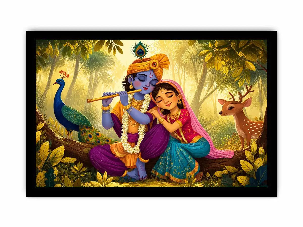 Krishna Radha forest wall art canvas colorful spiritual painting peacock deer nature Indian decor kids friendly artwork