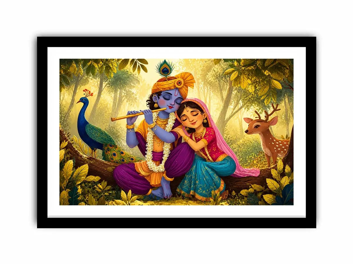 Krishna Radha forest wall art canvas colorful spiritual painting peacock deer nature Indian decor kids friendly artwork