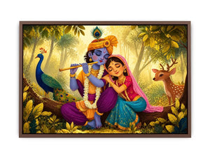Krishna Radha forest wall art canvas colorful spiritual painting peacock deer nature Indian decor kids friendly artwork