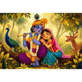 Krishna Radha forest wall art canvas colorful spiritual painting peacock deer nature Indian decor kids friendly artwork