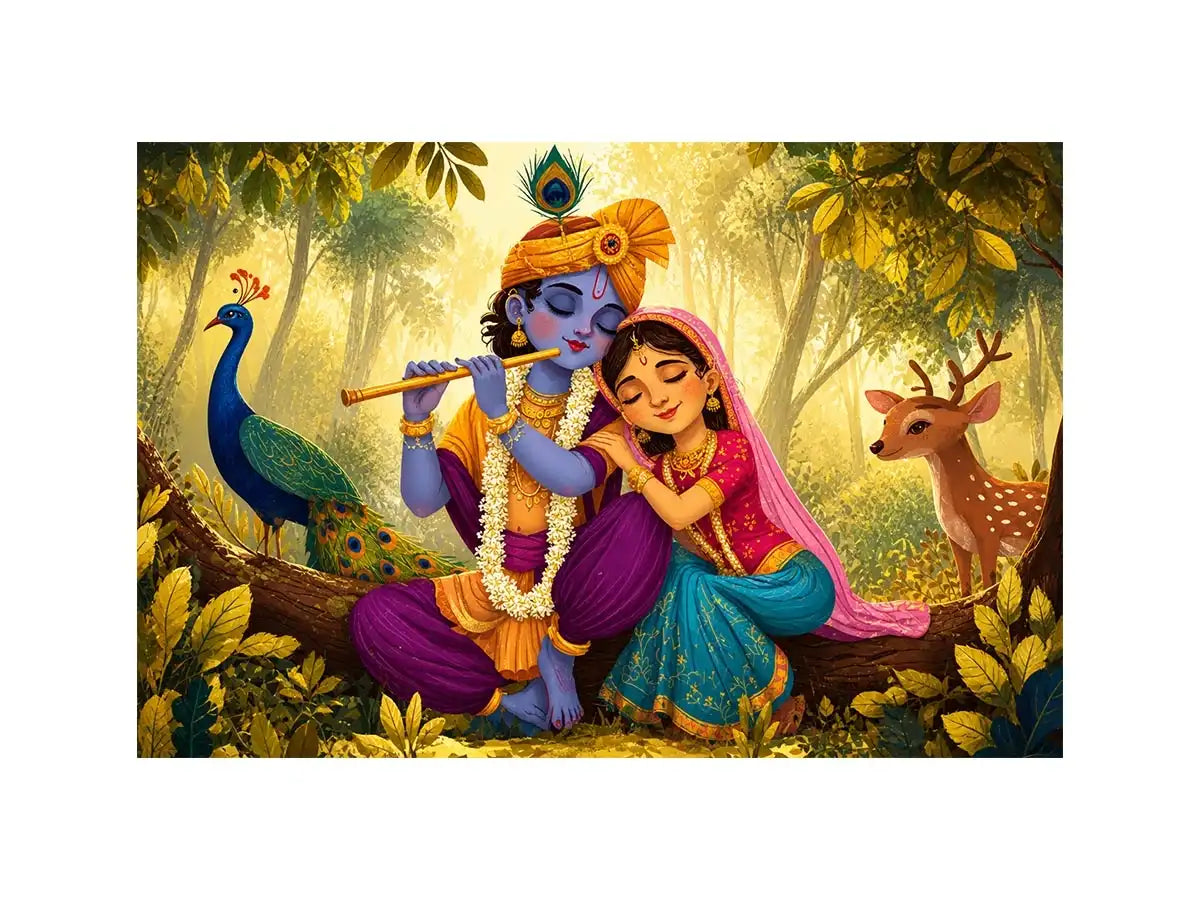 Krishna Radha forest wall art canvas colorful spiritual painting peacock deer nature Indian decor kids friendly artwork