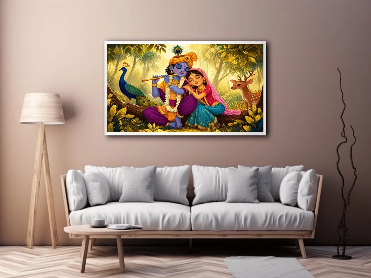 Krishna Radha forest wall art canvas colorful spiritual painting peacock deer nature Indian decor kids friendly artwork