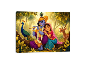 Krishna Radha forest wall art canvas colorful spiritual painting peacock deer nature Indian decor kids friendly artwork