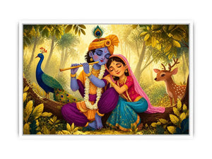 Krishna Radha forest wall art canvas colorful spiritual painting peacock deer nature Indian decor kids friendly artwork