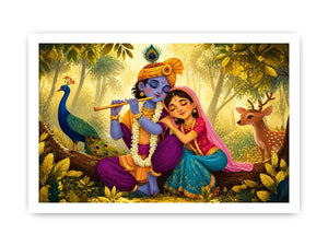 Krishna Radha forest wall art canvas colorful spiritual painting peacock deer nature Indian decor kids friendly artwork