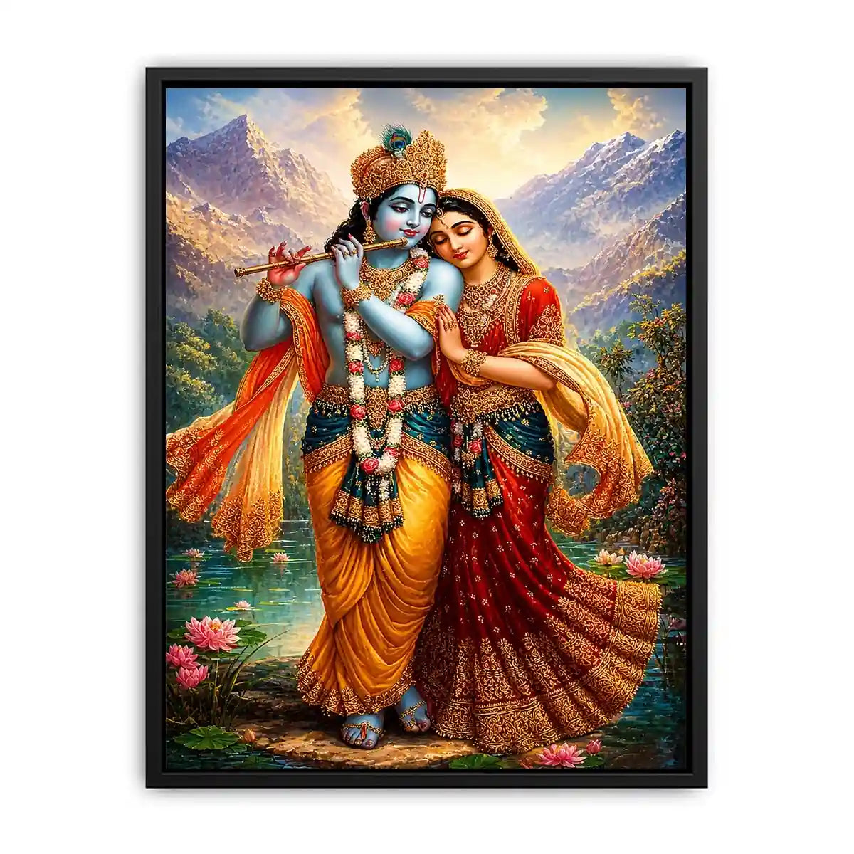 Krishna Radha mountain wall art canvas lotus lake spiritual painting divine couple luxury Indian decor vibrant artwork