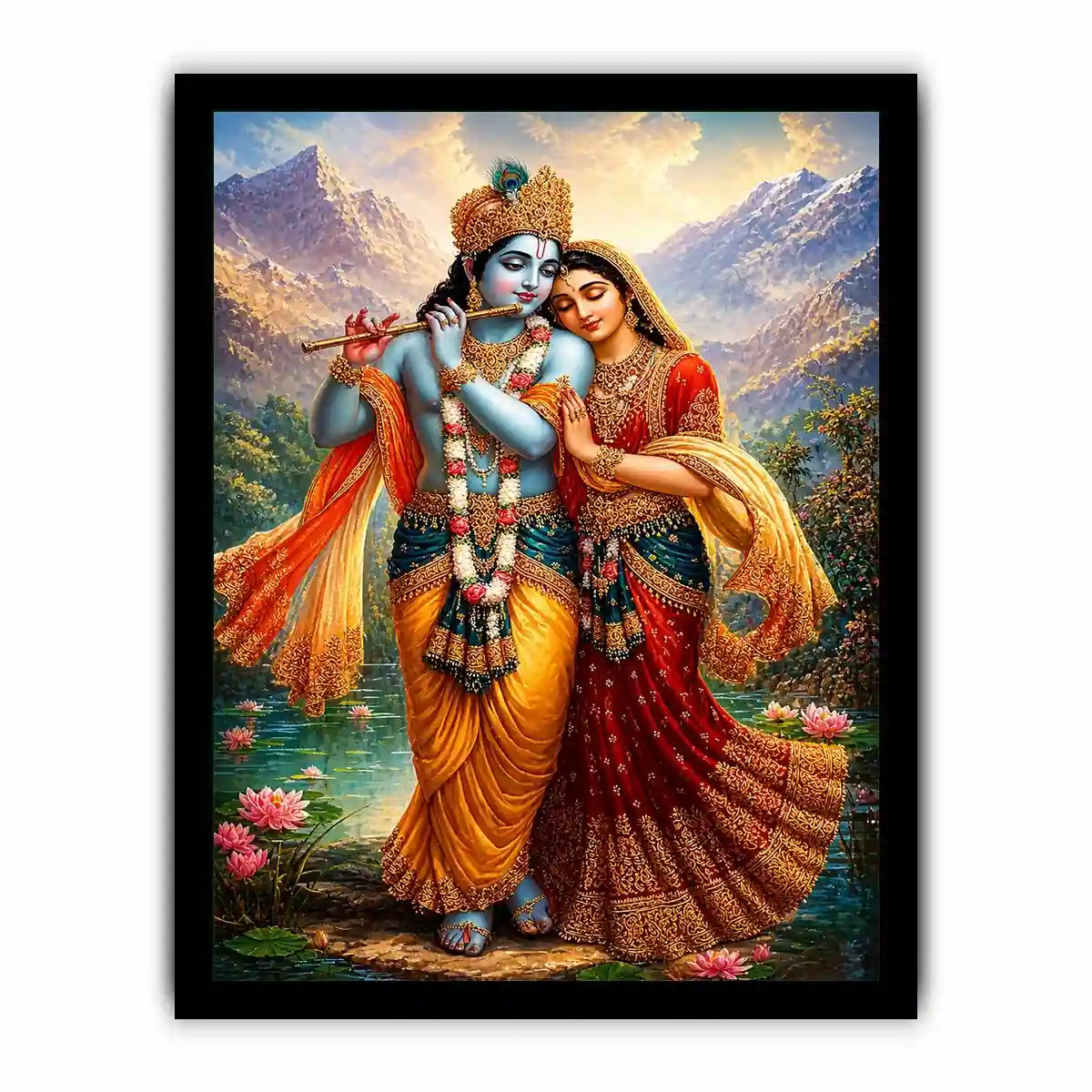 Krishna Radha mountain wall art canvas lotus lake spiritual painting divine couple luxury Indian decor vibrant artwork